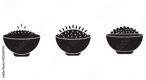 Three black bowls of coffee beans on white background for cooking and food concepts  coffee beans in bowls