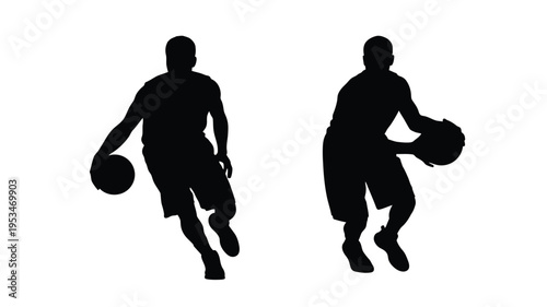 Two basketball players in action depicted as a striking silhouette