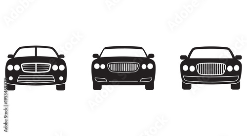Three black car silhouettes with white outlines on white background  front view  different models