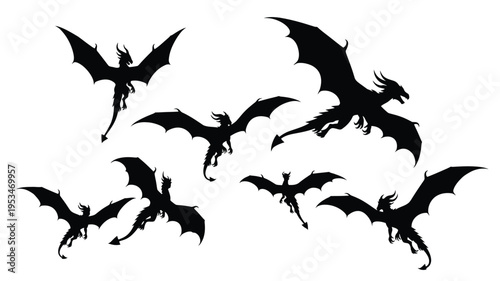 A collection of dramatic dragon shapes in stark black silhouette