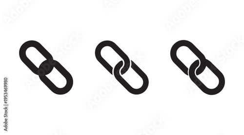 Three black chain link icons in different positions on white background  chain links  paper cut style