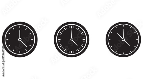 Three black clocks with white lines on white background  clock faces with hour and minute hands