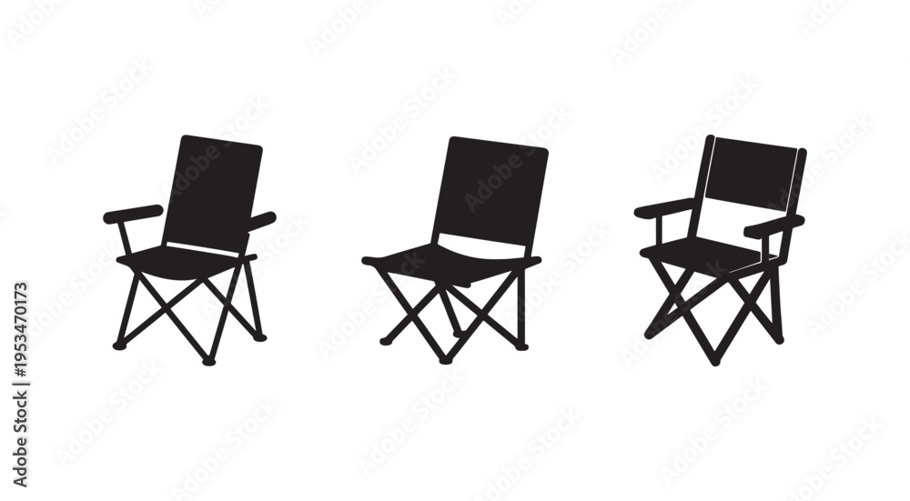 Obraz premium Three black director chairs with armrests and folding legs in different positions on white background office furniture