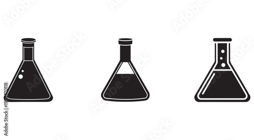 Three black conical laboratory flasks with white outlines on white background for chemistry and science illustrations  lab equipment