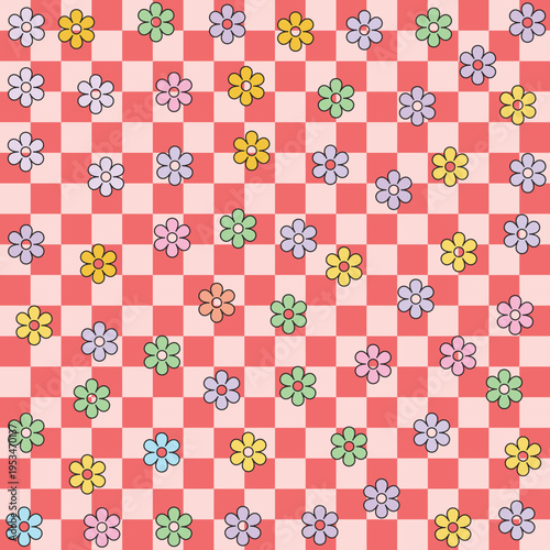 Retro Groovy Seamless Pattern with Colorful Daisy Flowers on Pink and Red Checkered Background, Y2K Aesthetic Floral Checkerboard Vector Illustration for Stationery and Textiles
