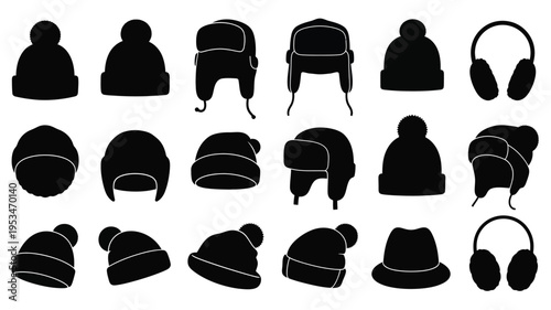 Collection of various winter hats and headphones in black silhouette