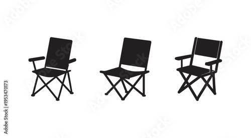 Three black director chairs with armrests and folding legs in different positions on white background  office furniture