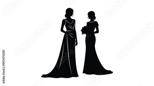 Two women in elegant gowns facing opposite directions silhouette