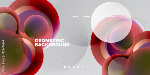 Abstract design features overlapping circles, gradients. Dark background contrasts bright shapes, text elements present. Modern aesthetic.