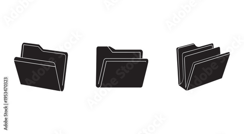 Three black file folder icons in different angles on white background  office organization storage symbols