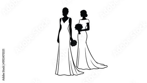Two brides stand gracefully with bouquets a striking silhouette