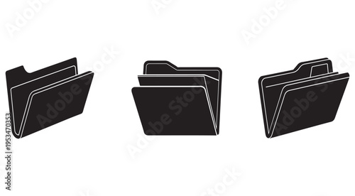 Three black file folders with white outlines in different orientations on white background for organization and storage concepts