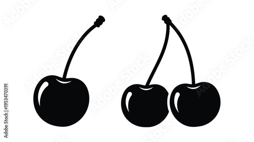 Two cherries with stems displayed as a striking black silhouette