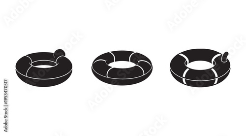 Three black inflatable life rings with white lines on white background for safety and rescue  lifebuoys for ocean and pool