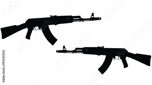 Two black silhouettes of ak 47 assault rifles displayed against a white background silhouette