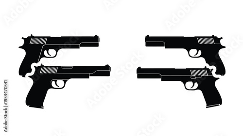 Four handguns displayed in a stark minimalist black silhouette