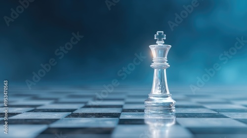 Clear glass chess piece on a chessboard with dramatic lighting and blurred background, symbolizing strategy and competition