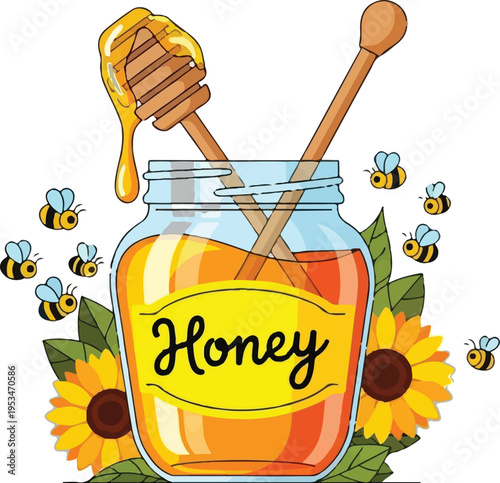 Honey Jar with Bees Illustration