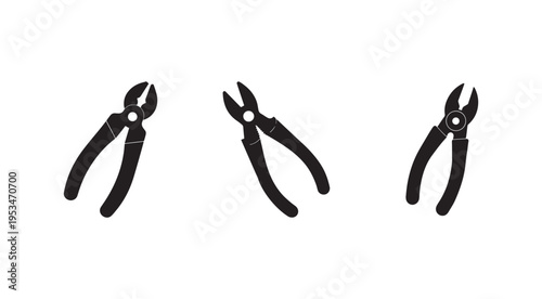 Three black pliers icons with different jaw openings and grips on white background for graphic design
