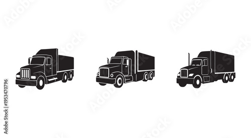 Three black semitruck silhouettes in different orientations on white background for transportation and logistics concepts