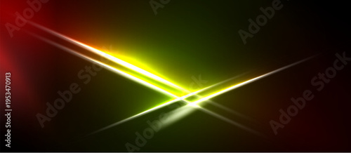 Abstract light flares intersect. Vivid colors blend, creating dynamic visual effect. Dark background emphasizes bright central point.