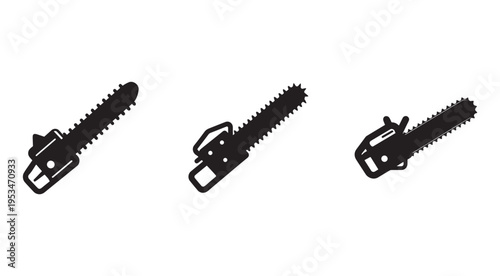 Three black silhouettes of chainsaws with different angles and positions on white background  various types of power tools