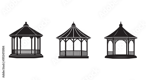 Three black silhouettes of different gazebo structures with roofs and railings on white background  gazebos  outdoor  structures