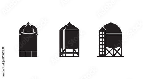 Three black silo icons in different designs on white background  farm storage structures