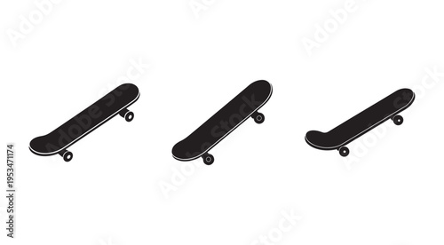 Three black skateboards with white outlines in different positions on white background  skateboard graphics