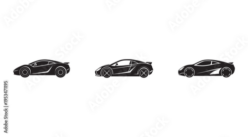 Three black sports car silhouettes in different angles on white background  side views of modern racing cars with sleek designs