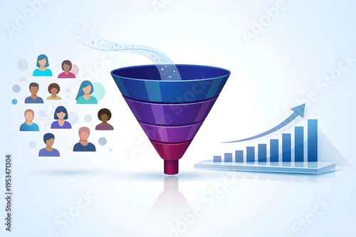 Isometric Digital Marketing Funnel and Financial Growth Graph Illustrating Business Conversion Strategy Lead Generation and Successful Revenue Optimization