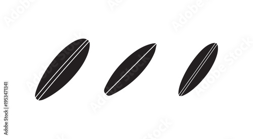 Three black surfboards with white lines side by side on white background for surfing sports and recreation activities