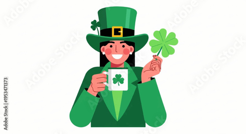 Smiling leprechaun holding shamrock and mug with clover design wearing green suit and hat on st patrick's day celebration