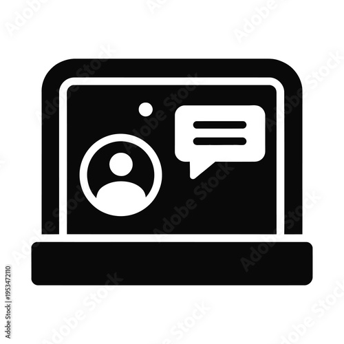 Vector icon shows a laptop screen with a profile picture and chat bubble.
