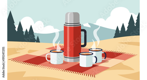 Red Thermos and White Mugs Outdoors.