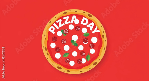 Delicious pizza with melted mozzarella cheese and fresh basil on a red background with pizza day text