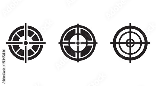 Three different target icons with crosshairs and concentric circles for aiming or focusing purposes  vector graphics