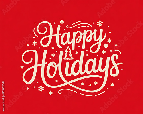 Elegant calligraphy text design for happy holidays with decorative snowflakes and tree icons