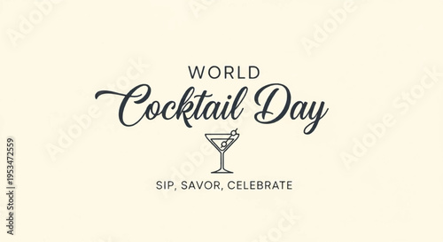 Cocktail day celebration with martini glass and text on cream background