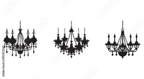 Three elegant black chandeliers with intricate designs and hanging crystals on white background  decorative lighting fixtures