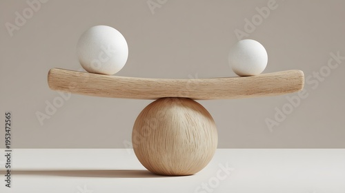 Conceptual image of balance and equilibrium represented by wooden spheres and a beam.