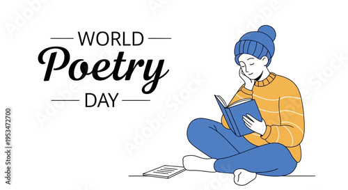 Illustration of a young woman reading a book on World Poetry Day with a thoughtful expression in a simple, colorful design.