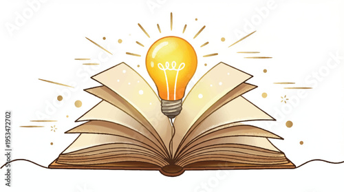 Open vintage book with a bright light bulb illuminating from the pages, symbolizing innovation and new ideas, knowledge discovery