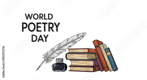 Illustration of a quill, inkwell, and stacked books celebrating World Poetry Day with a colorful design on a white background.