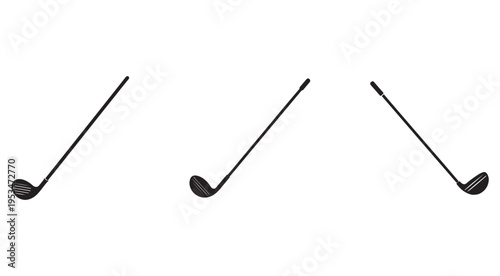 Three golf clubs with different angles and positions on transparent background for sports and equipment concepts