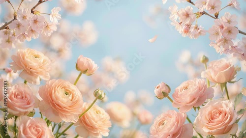 Beautiful blooming pastel pink flowers and cherry blossoms swaying gently against a blue sky