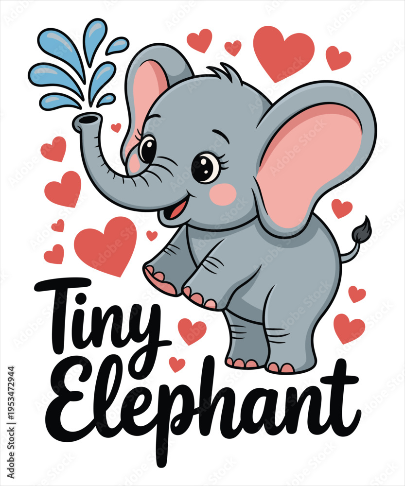 Obraz premium Cute cartoon elephant spraying water surrounded by red hearts