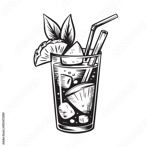 Tropical cocktail with pineapple slices and mint leaves in tall glass with ice and straw
