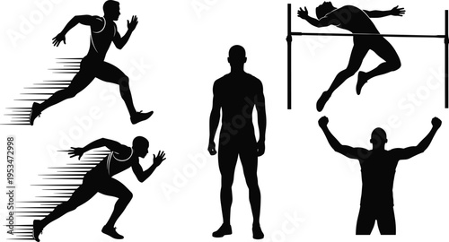 Athlete silhouettes set with sprint running high jump and victory poses representing sports performance training competition and strength concept