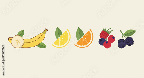 Assorted Fresh Fruits: Banana, Lemon, Orange, Berries, and Blackberries on a Light Background